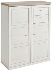 Weiße Aktenkommode mit mehreren Schubladen und Türen, seitliche Perspektive