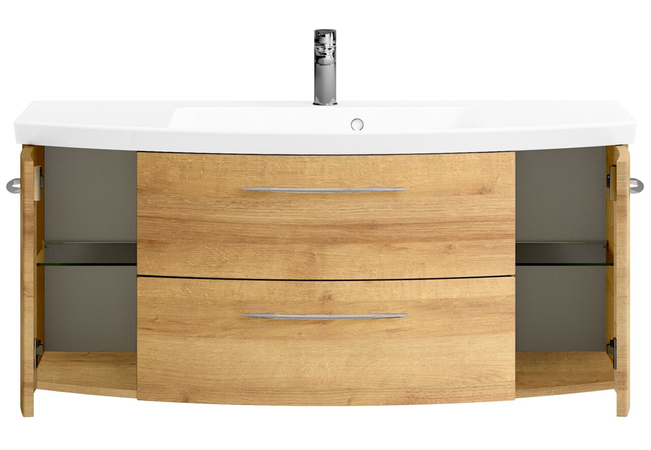 Pelipal Waschtischlösung CASSCA SPRINT Frontale Ansicht eines modernen Waschtischs mit Holzoptik, zwei Schubladen und offenen Seitentüren.