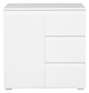 Weiße Kommode mit einer Tür und drei Schubladen, frontale Ansicht