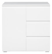 Weiße Kommode mit einer Tür und drei Schubladen, frontale Ansicht