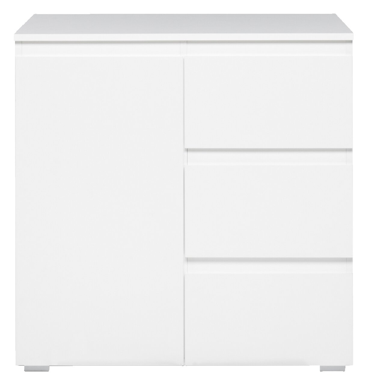 Weiße Kommode mit einer Tür und drei Schubladen, frontale Ansicht