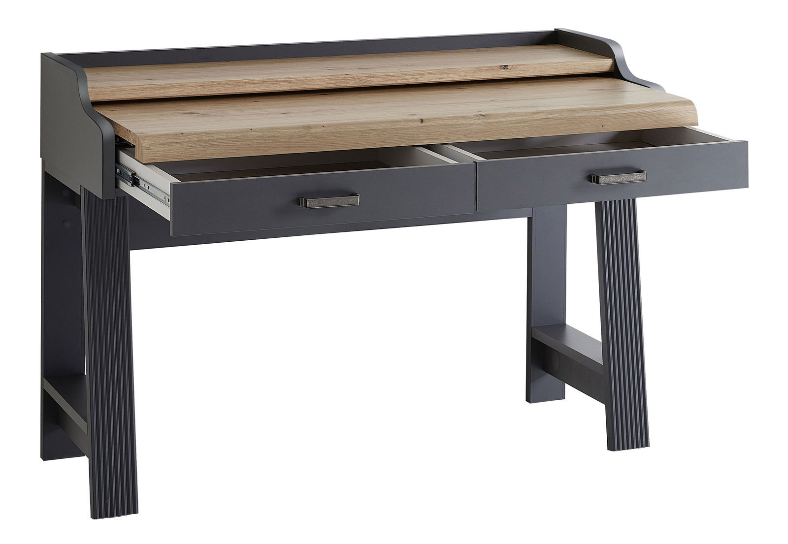 Moderner Sekretär mit grauem Gestell und Holzarbeitsfläche, zwei Schubladen geöffnet, seitliche Perspektive.