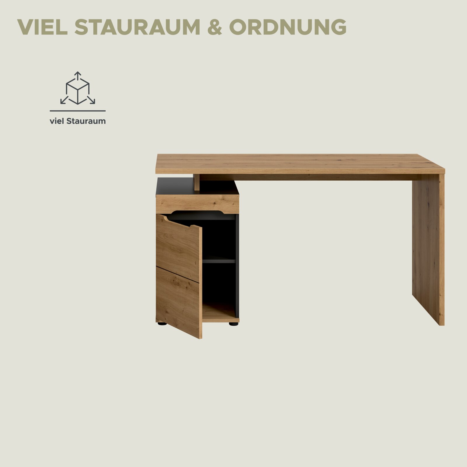Schreibtisch in Holzoptik mit integriertem Stauraum-Modul links, teils geöffneter Tür und Regalfach, perspektivische Seitenansicht von links auf hellem Hintergrund