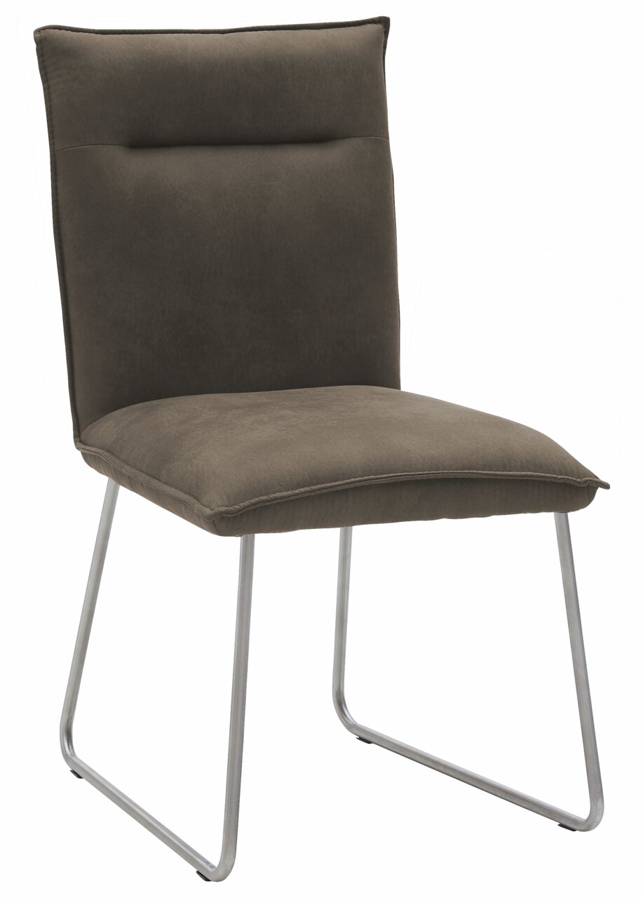Valnatura Stoel SCALA Moderner Stuhl mit braunem Polster und Metallbeinen, seitliche Perspektive