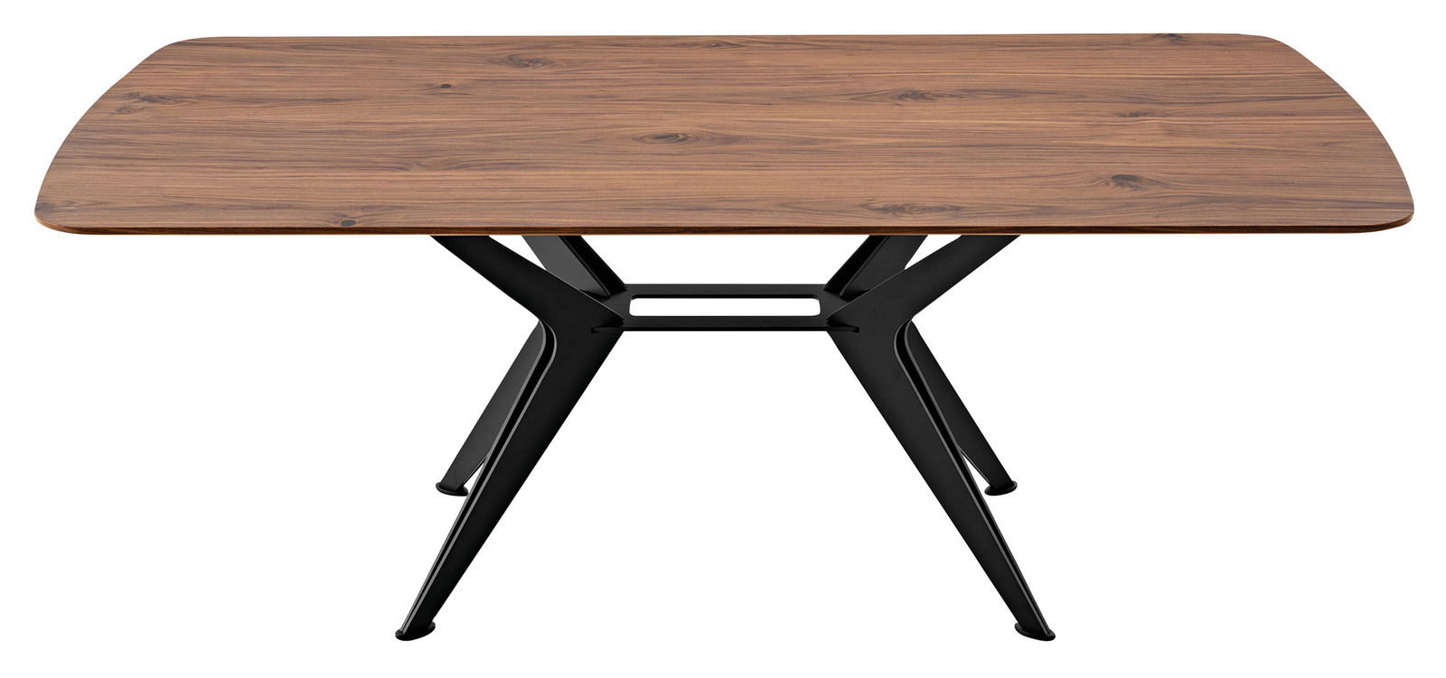 Moderner Esstisch mit Holzplatte und schwarzen Metallbeinen, seitliche Perspektive