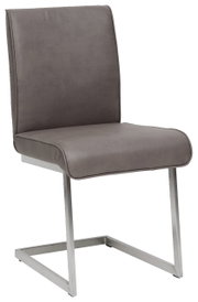 Swingstoel in zijaanzicht met grijze bekleding en metalen frame