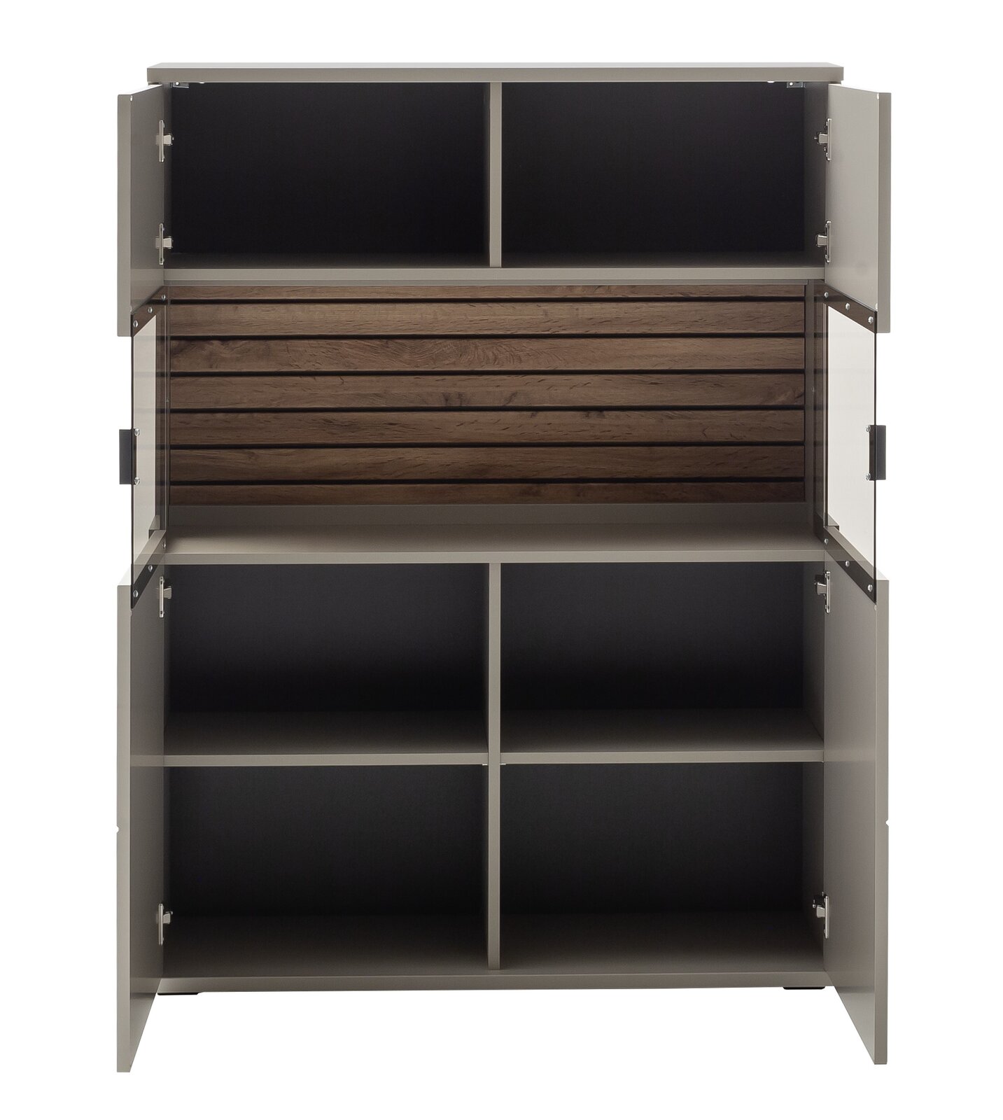 Offenes Highboard mit mehreren Fächern und Holzelementen, frontale Ansicht