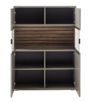 Offenes Highboard mit mehreren Fächern und Holzelementen, frontale Ansicht