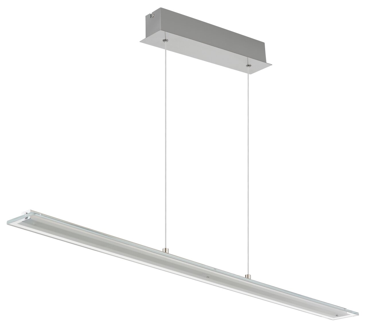 Moderne LED-Hängeleuchte in seitlicher Perspektive mit rechteckigem Design und klaren Linien.