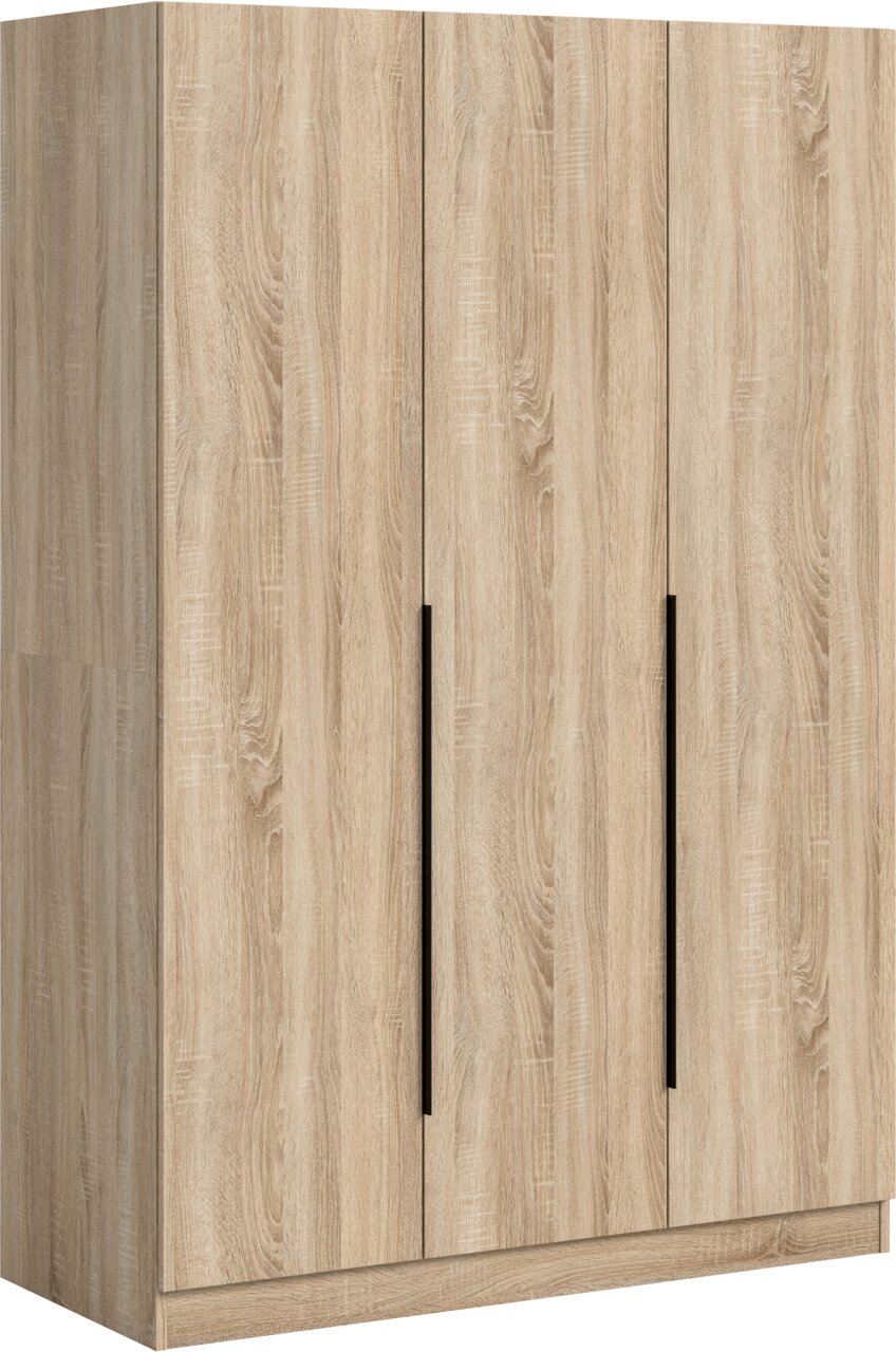 Drehtürenschrank in heller Eichenholz-Optik mit drei Türen und langen schwarzen Griffleisten, schräg von vorne links fotografiert