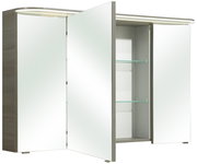 Geöffneter Spiegelschrank mit zwei Glaseinlegeböden, seitlicher Blickwinkel