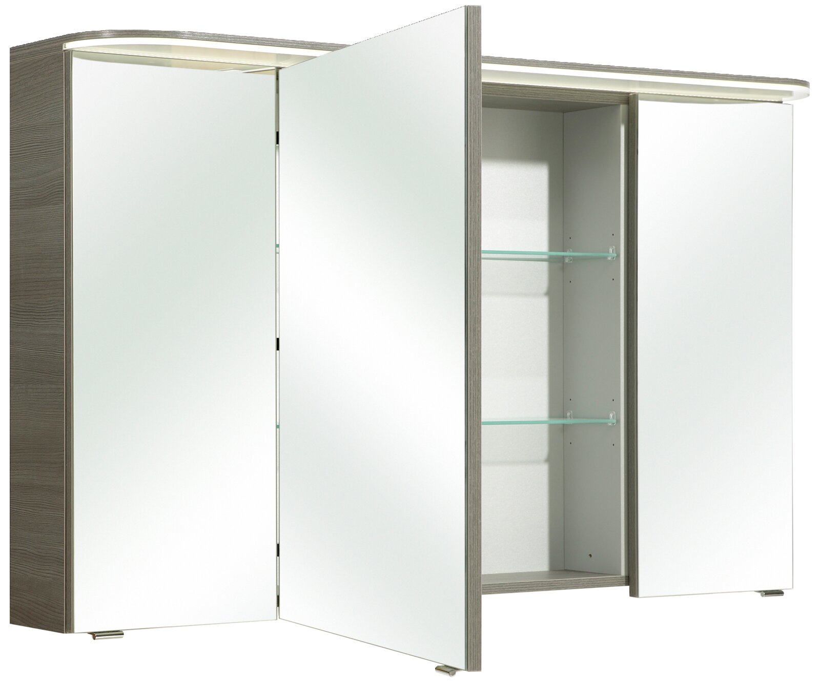 Geöffneter Spiegelschrank mit zwei Glaseinlegeböden, seitlicher Blickwinkel