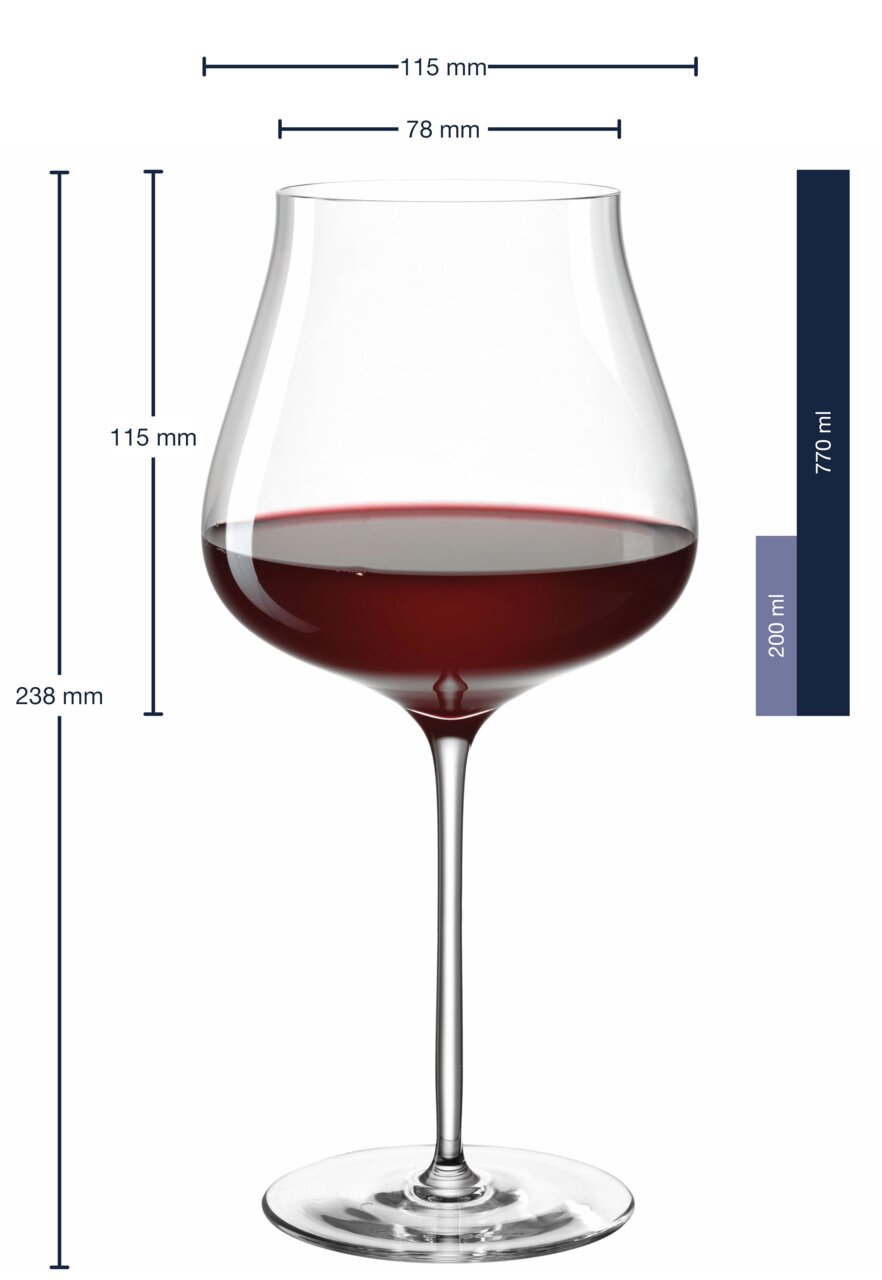 Burgunderglas Brunelli 770 ml, zijaanzicht met afmetingen