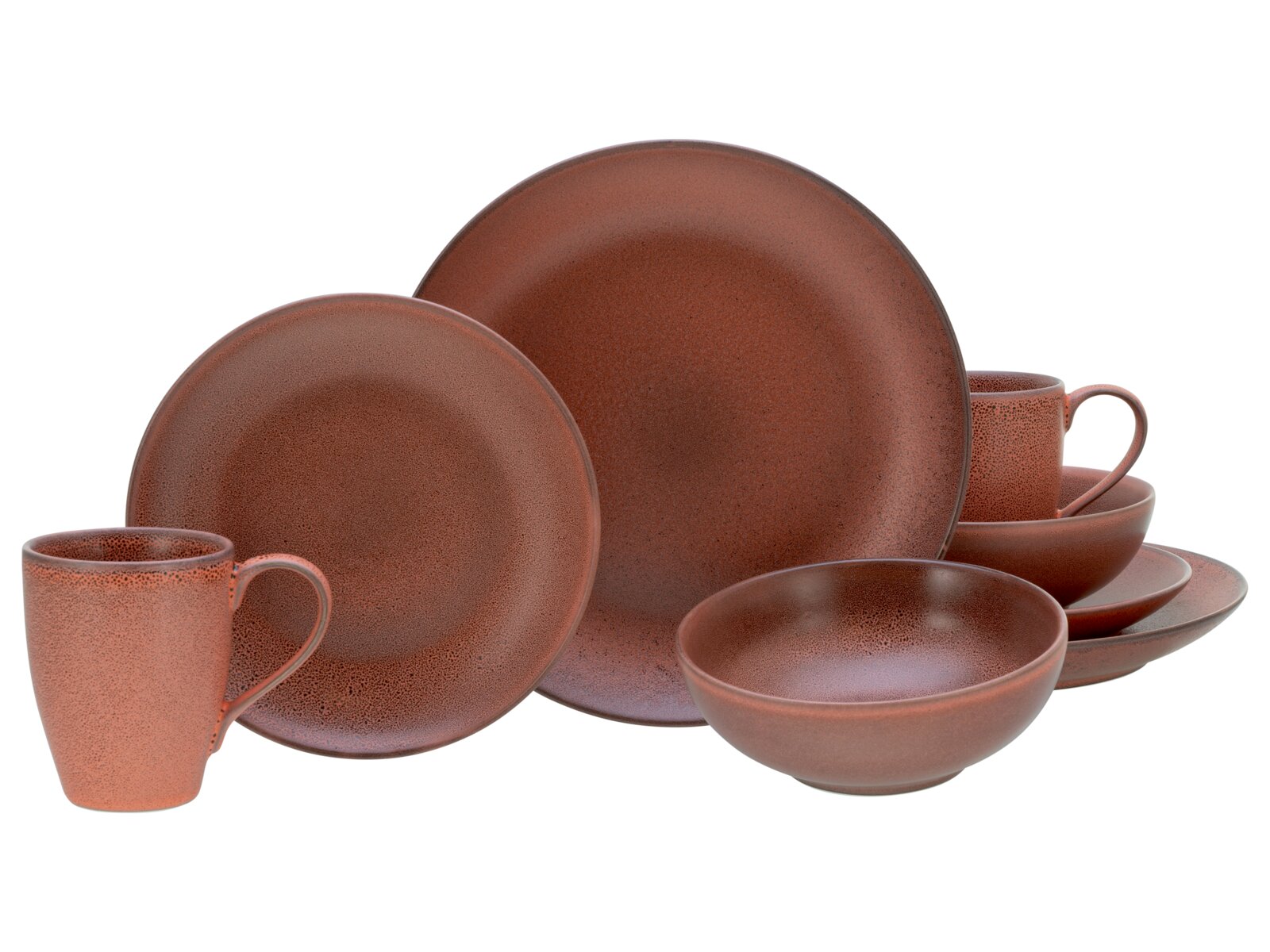 Creatable Kombiservice 8-tlg SIERRA NEVADA Braun gesprenkeltes Keramik-Geschirrset mit großen und kleinen Tellern, Schalen und Tassen, freigestellt auf weißem Hintergrund, in frontaler Ansicht leicht von oben