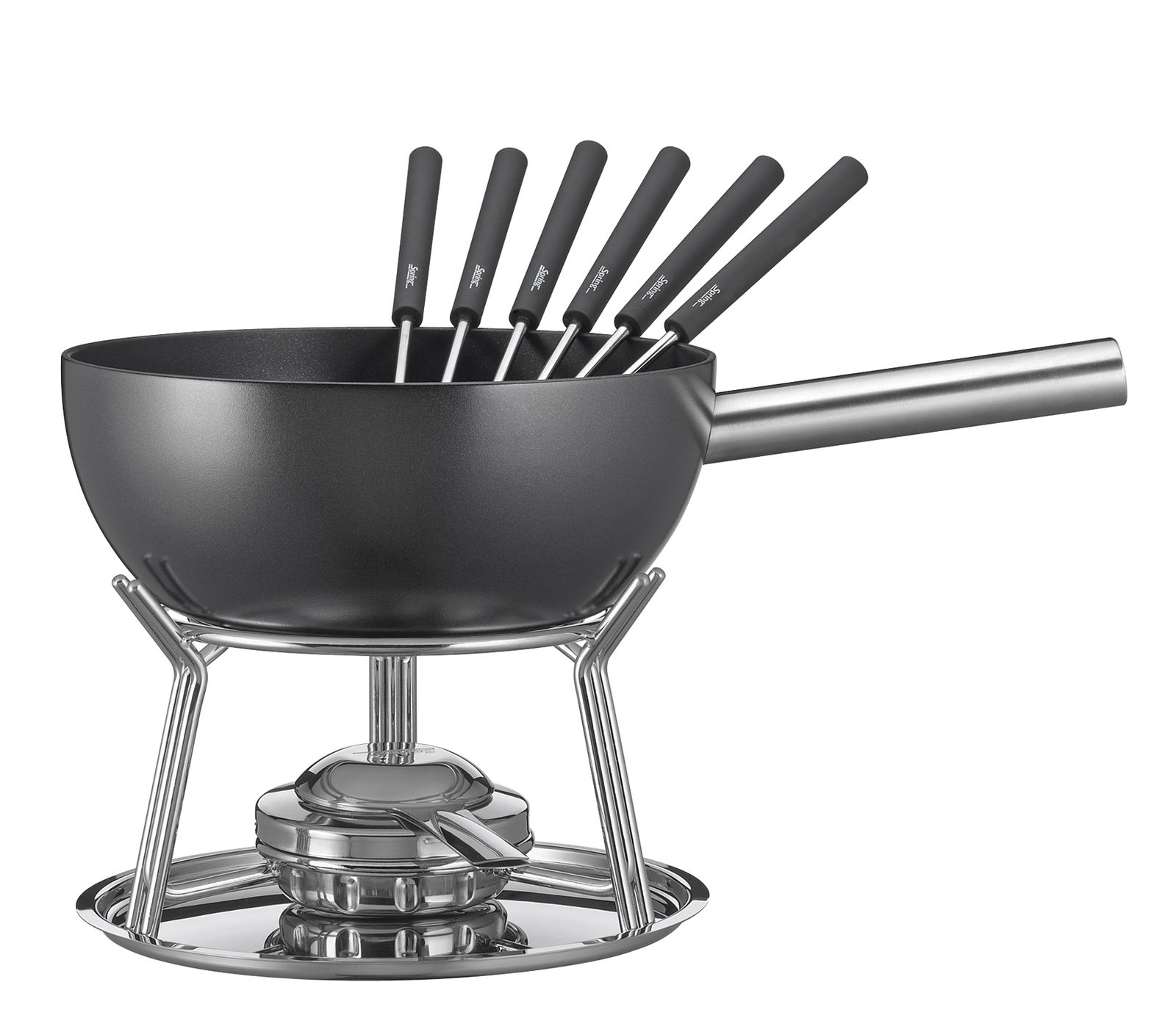 Schwarzes Fondue-Set mit sechs Gabeln, seitliche Perspektive