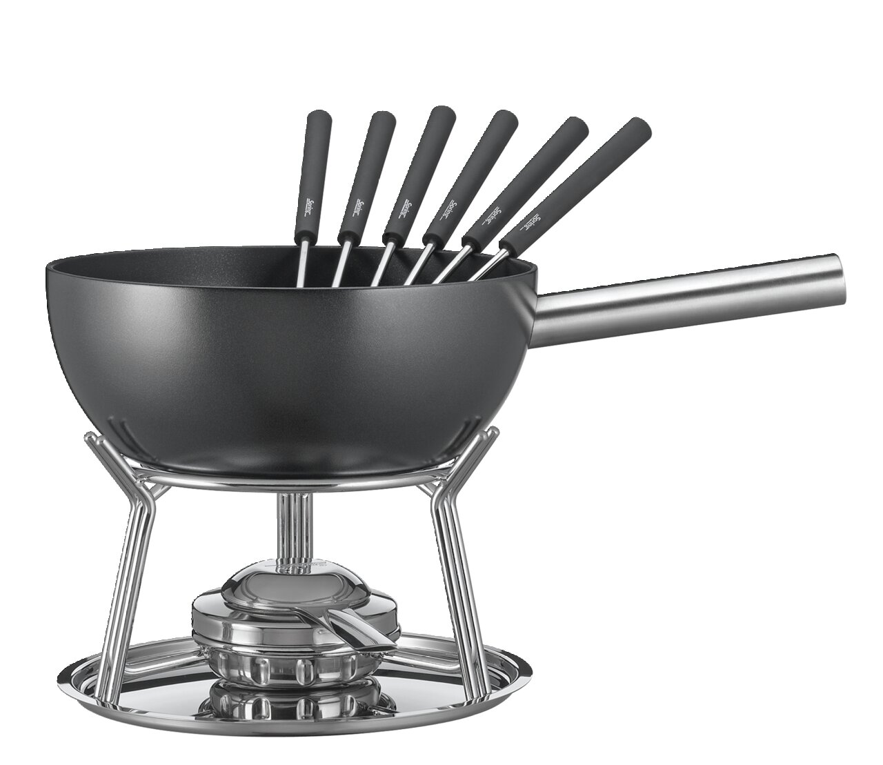 Zwarte fondueset met zes vorken, zijaanzicht