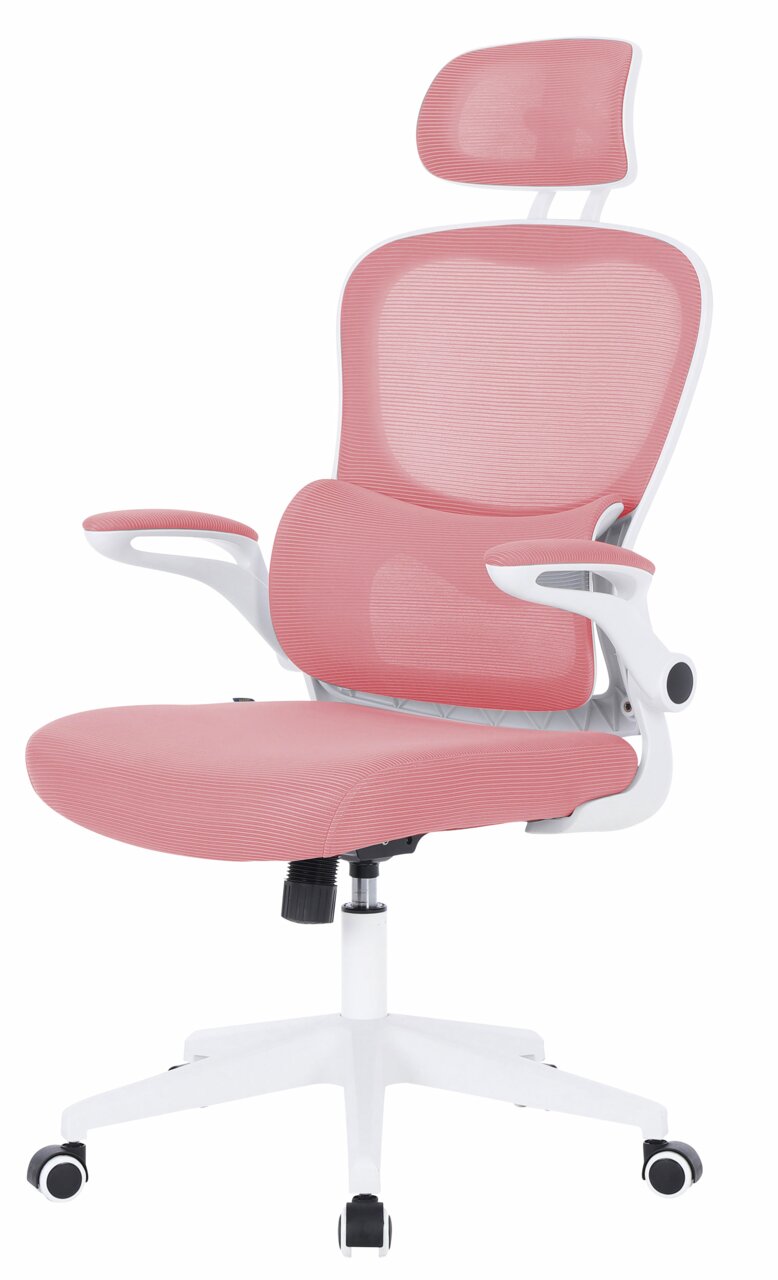 Moderner rosa Drehstuhl mit Kopfstütze und Armlehnen, seitliche Perspektive