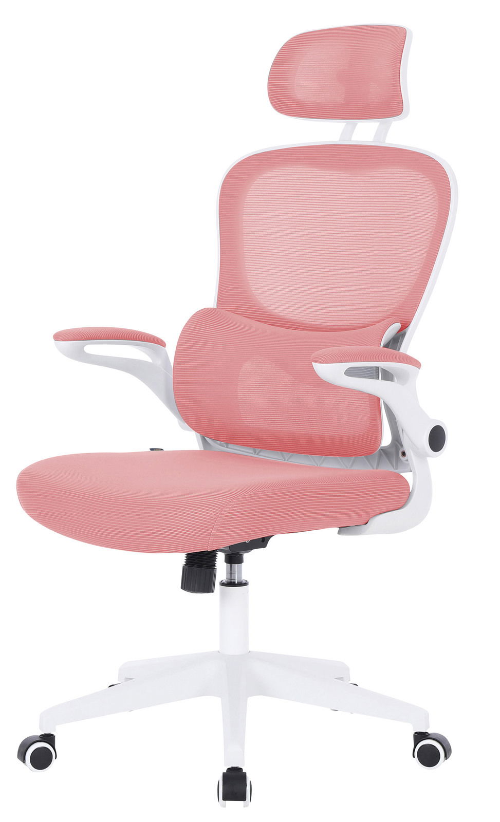 Moderner rosa Drehstuhl mit Kopfstütze und Armlehnen, seitliche Perspektive