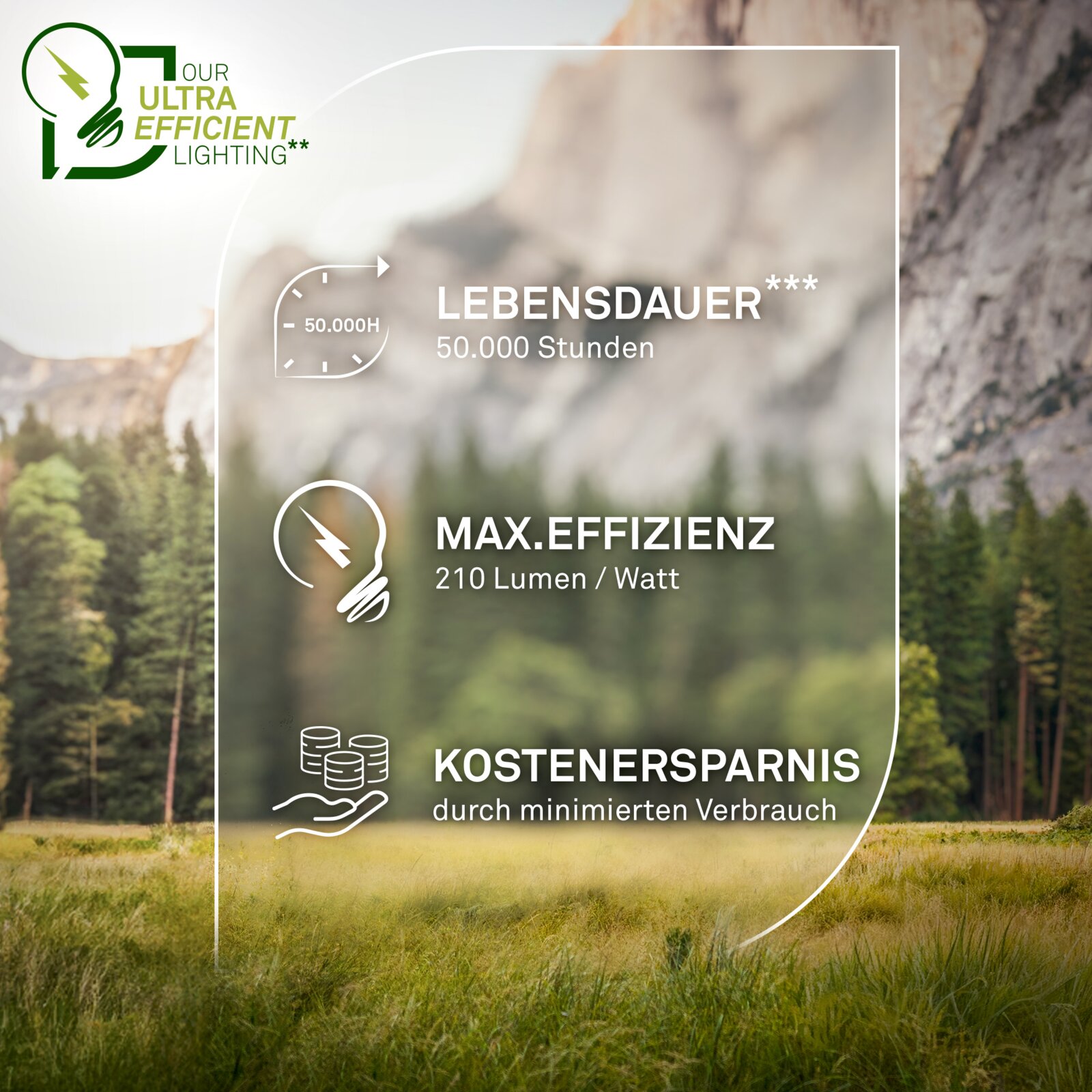 Marketinggrafik zur ultraeffizienten LED-Beleuchtung mit Icons und Text: Lebensdauer 50.000 Stunden, max. Effizienz 210 Lumen/Watt und Kostenersparnis durch minimierten Verbrauch; frontale Ansicht/Frontalperspektive der Infografik vor Berg- und Waldlandsc