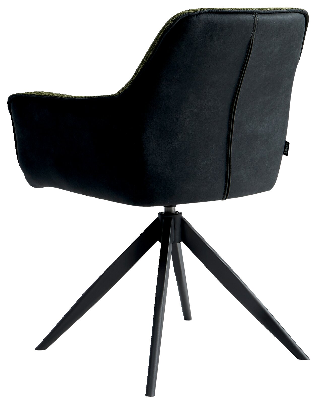 Rückansicht eines modernen Sessels mit schwarzem Stoffbezug und grünen Akzenten, auf einem schwarzen Metallgestell mit vier Beinen.