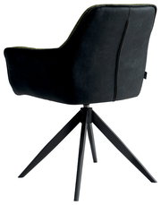 Rückansicht eines modernen Sessels mit schwarzem Stoffbezug und grünen Akzenten, auf einem schwarzen Metallgestell mit vier Beinen.