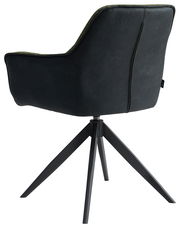 Rückansicht eines modernen Sessels mit schwarzem Stoffbezug und grünen Akzenten, auf einem schwarzen Metallgestell mit vier Beinen.