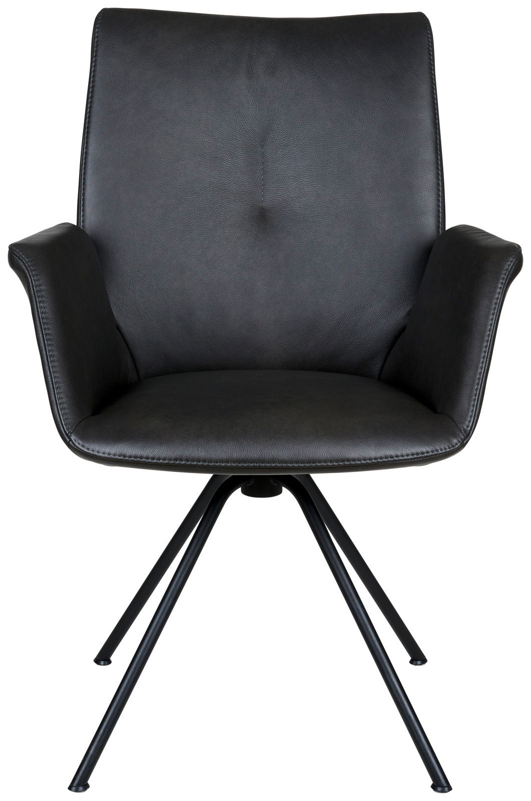 Moderner schwarzer Sessel mit Armlehnen und Metallbeinen, Frontalansicht