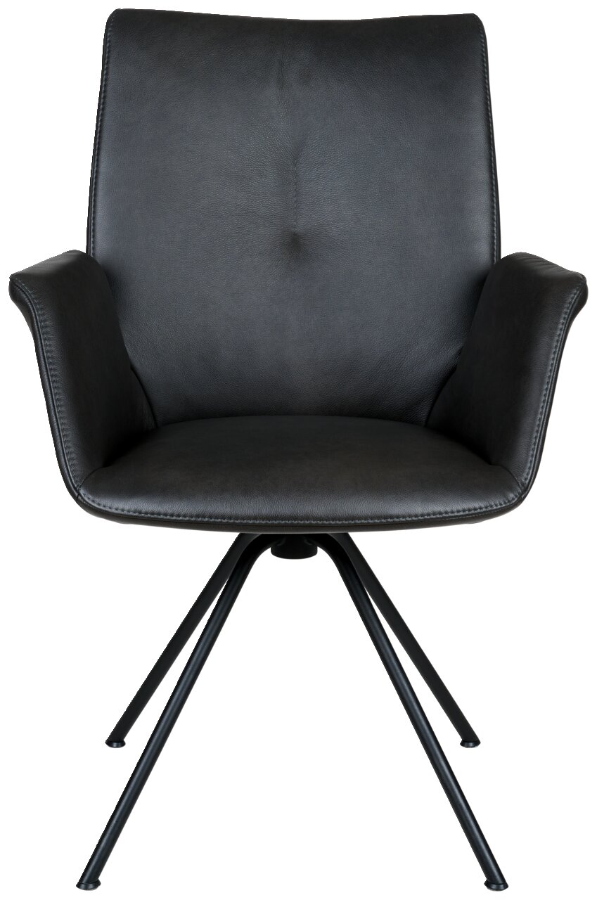Moderne zwarte fauteuil met armleuningen en metalen poten, vooraanzicht