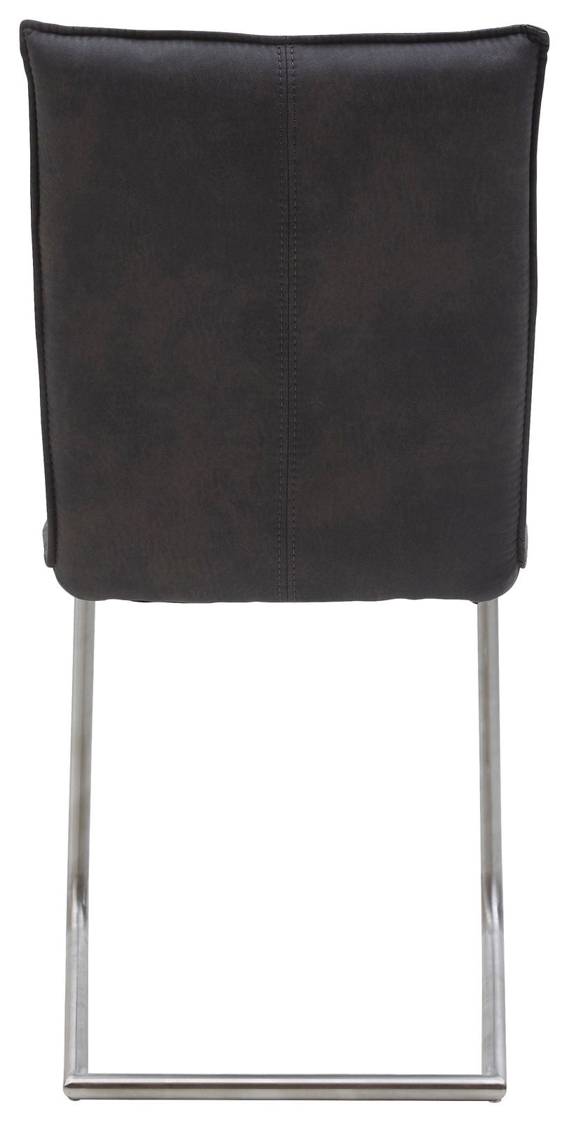 Rückansicht eines Freischwinger-Stuhls mit dunkler Polsterung und Metallgestell.