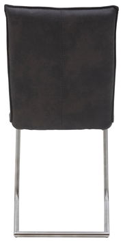 Rückansicht eines Freischwinger-Stuhls mit dunkler Polsterung und Metallgestell.