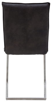 Rückansicht eines Freischwinger-Stuhls mit dunkler Polsterung und Metallgestell.