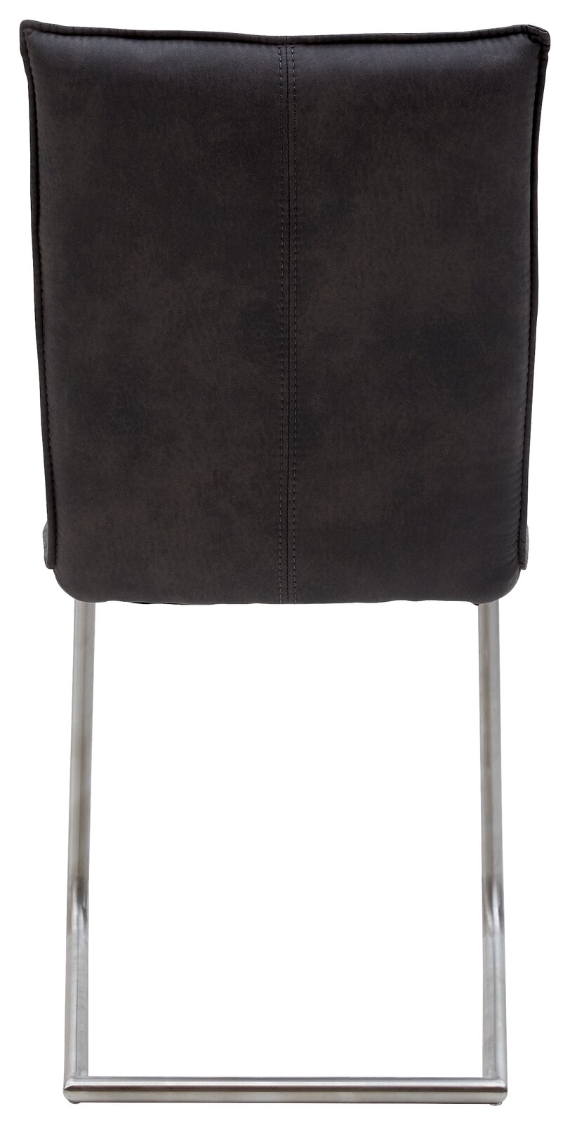 Rückansicht eines Freischwinger-Stuhls mit dunkler Polsterung und Metallgestell.