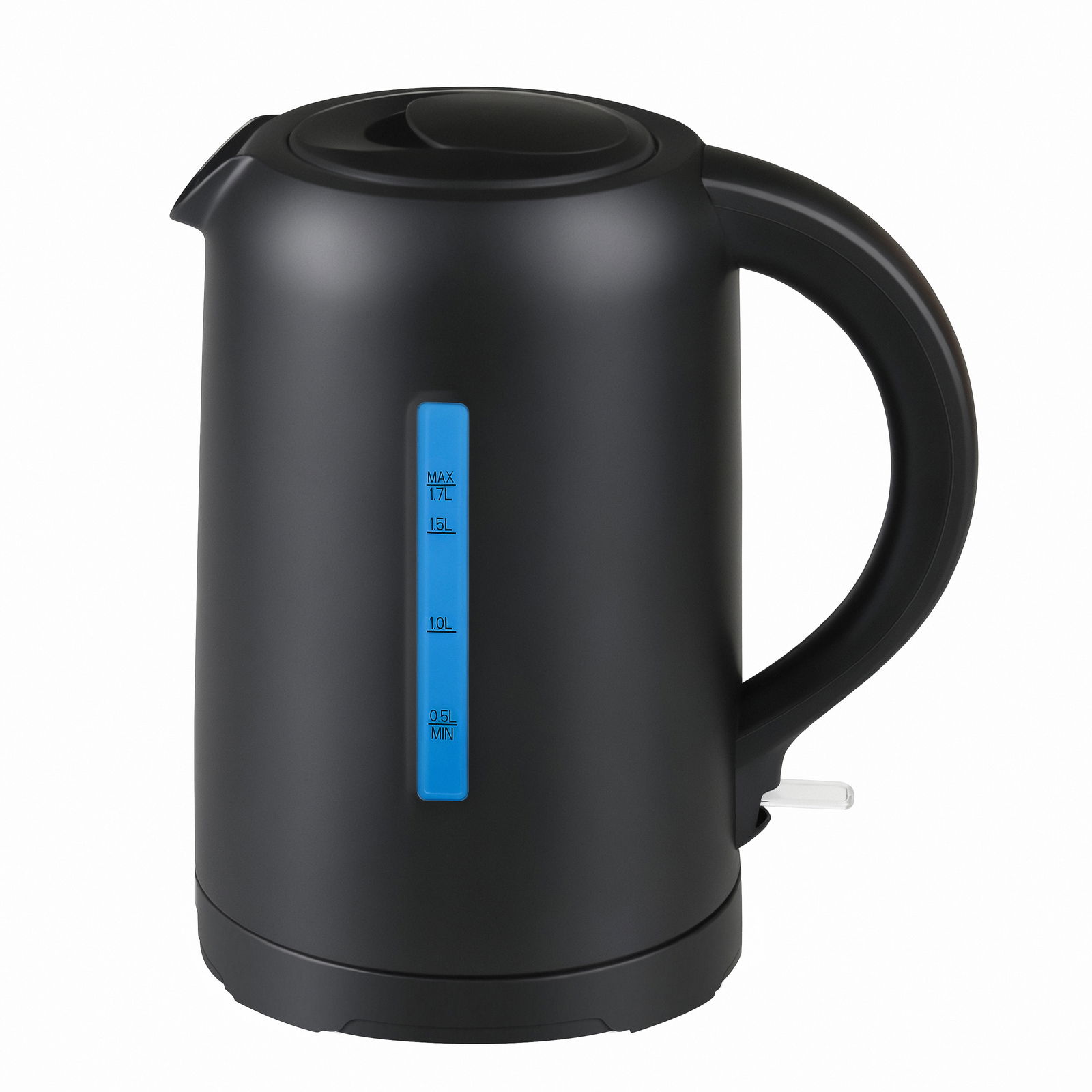 Schwarzer Wasserkocher mit blauer Wasserstandsanzeige, seitliche Perspektive