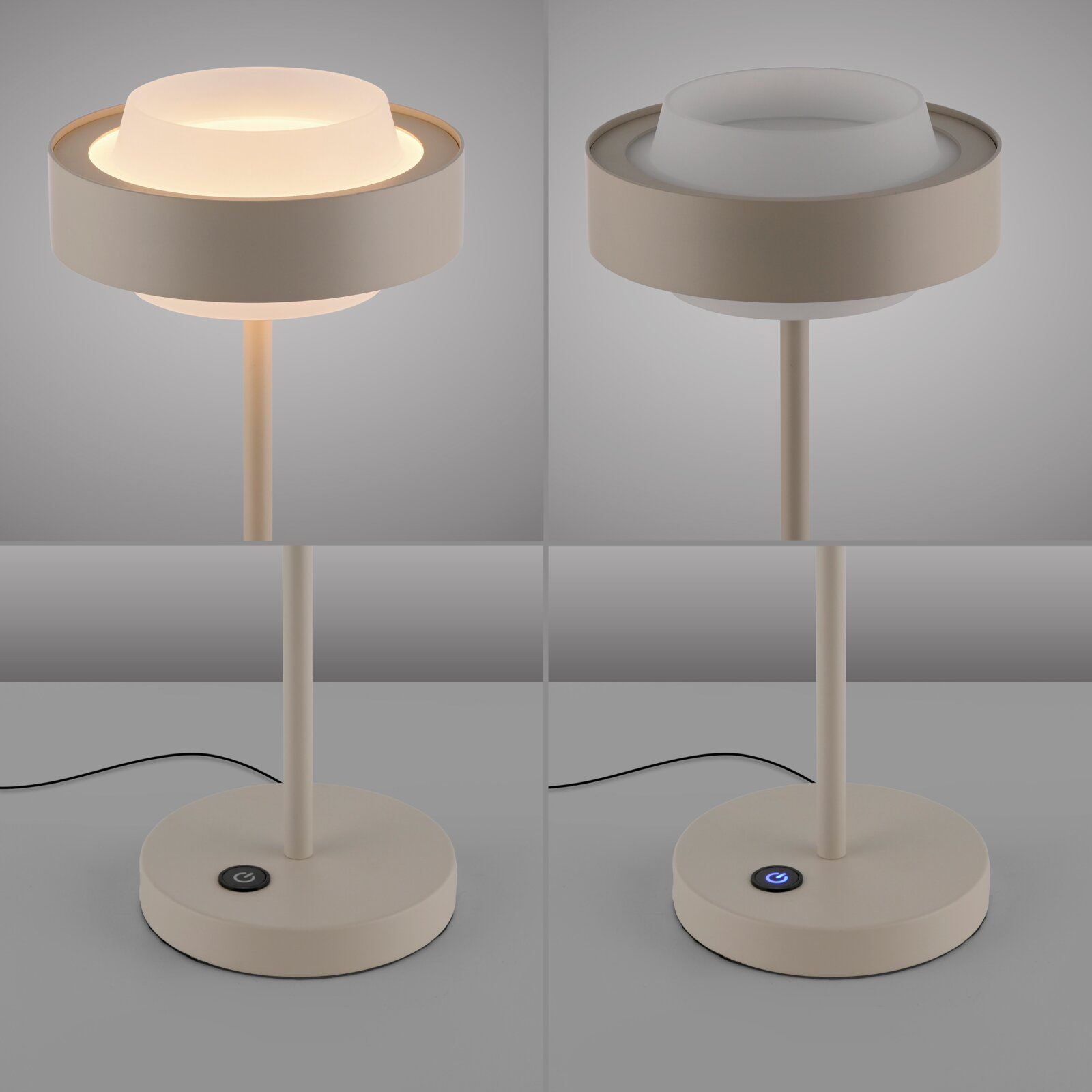 Moderne cremeweiße Tischlampe mit zylindrischem Fuß, Touch-Button und rundem Diffusor, warm leuchtend, in leichter Draufsicht schräg von vorn fotografiert