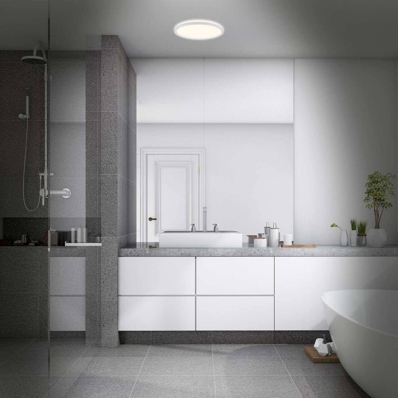 Moderne led-badkamerlamp aan het plafond van een stijlvolle badkamer, gezien van voren.