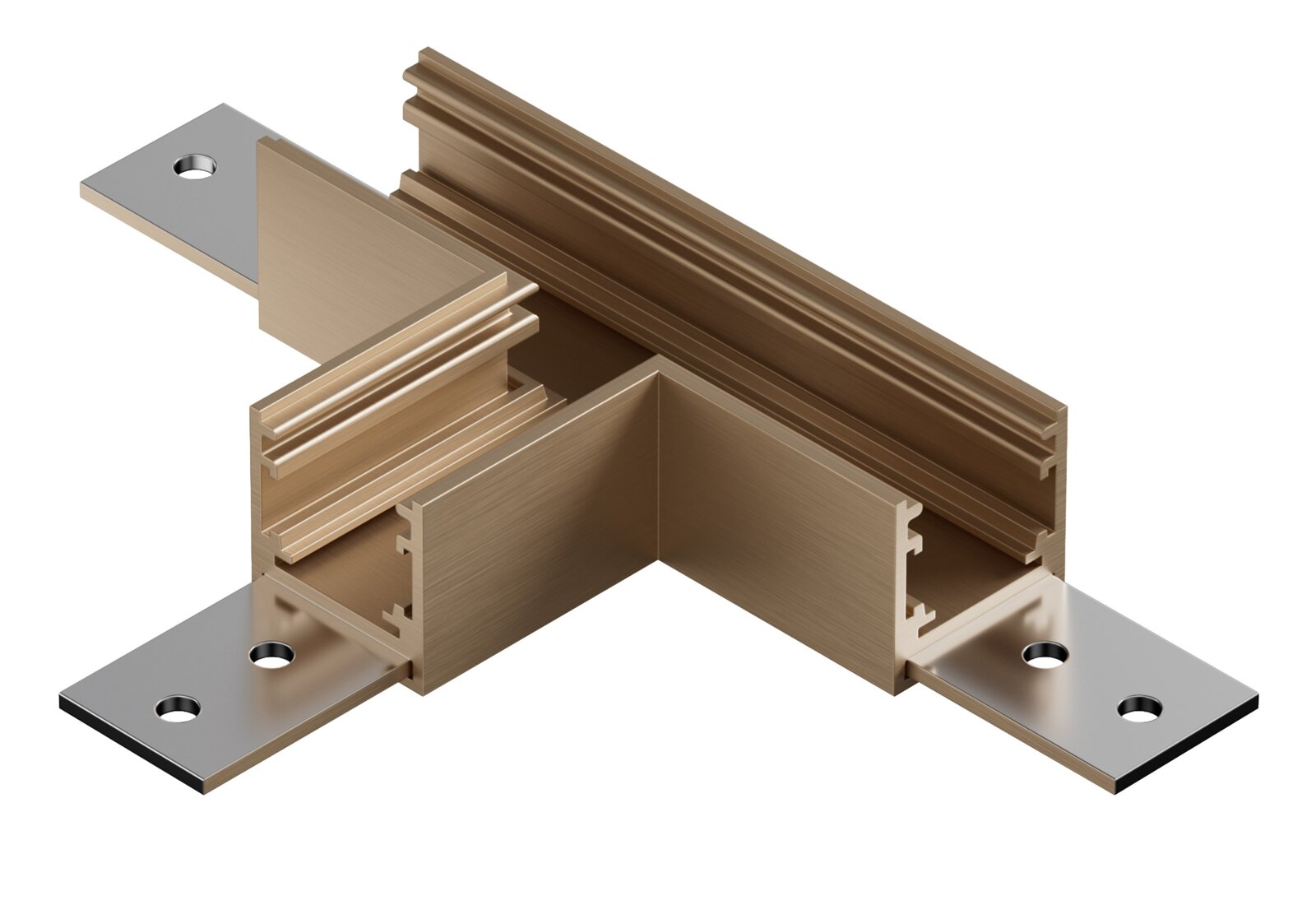 Goudkleurig geanodiseerd aluminium hoekprofiel/railverbinder met metalen montageplaten met schroefgaten, weergegeven in een 3D isometrisch schuin bovenaanzicht op witte achtergrond