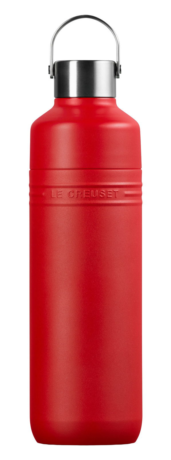 Rote Trinkflasche mit Edelstahlverschluss, frontal fotografiert