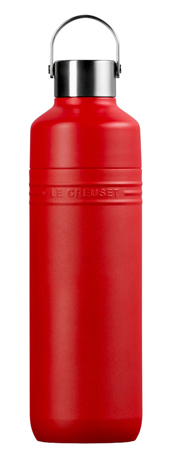 Rote Trinkflasche mit Edelstahlverschluss, frontal fotografiert