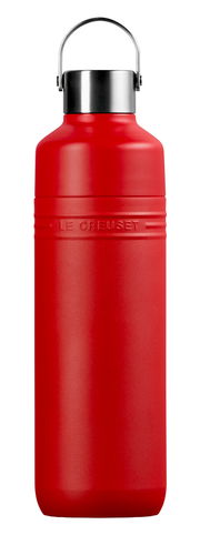 Rote Trinkflasche mit Edelstahlverschluss, frontal fotografiert