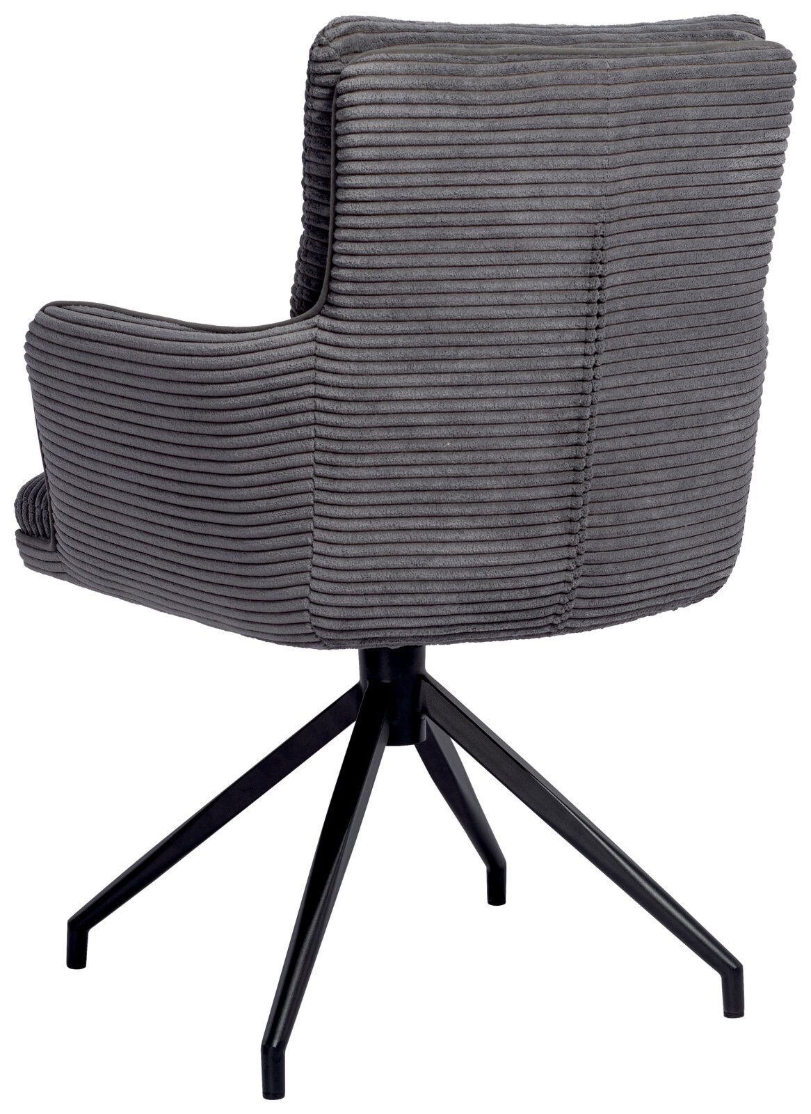 Rückansicht eines grauen Armlehnstuhls mit geripptem Stoffbezug und schwarzem Metallgestell.