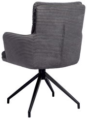 Rückansicht eines grauen Armlehnstuhls mit geripptem Stoffbezug und schwarzem Metallgestell.