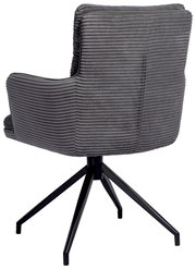 Rückansicht eines grauen Armlehnstuhls mit geripptem Stoffbezug und schwarzem Metallgestell.