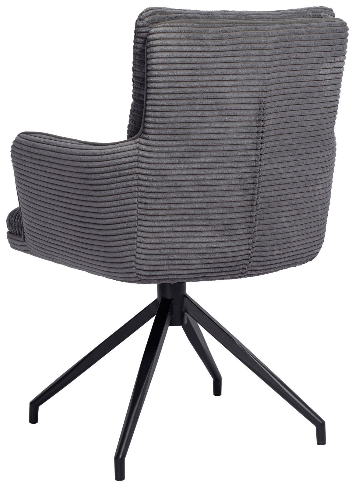 Rückansicht eines grauen Armlehnstuhls mit geripptem Stoffbezug und schwarzem Metallgestell.