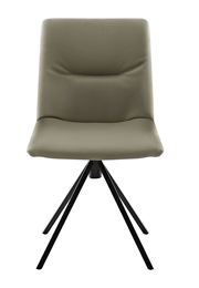 Moderner Stuhl mit gepolsterter Sitzfläche und Rückenlehne in Frontansicht, auf schwarzem Metallgestell.