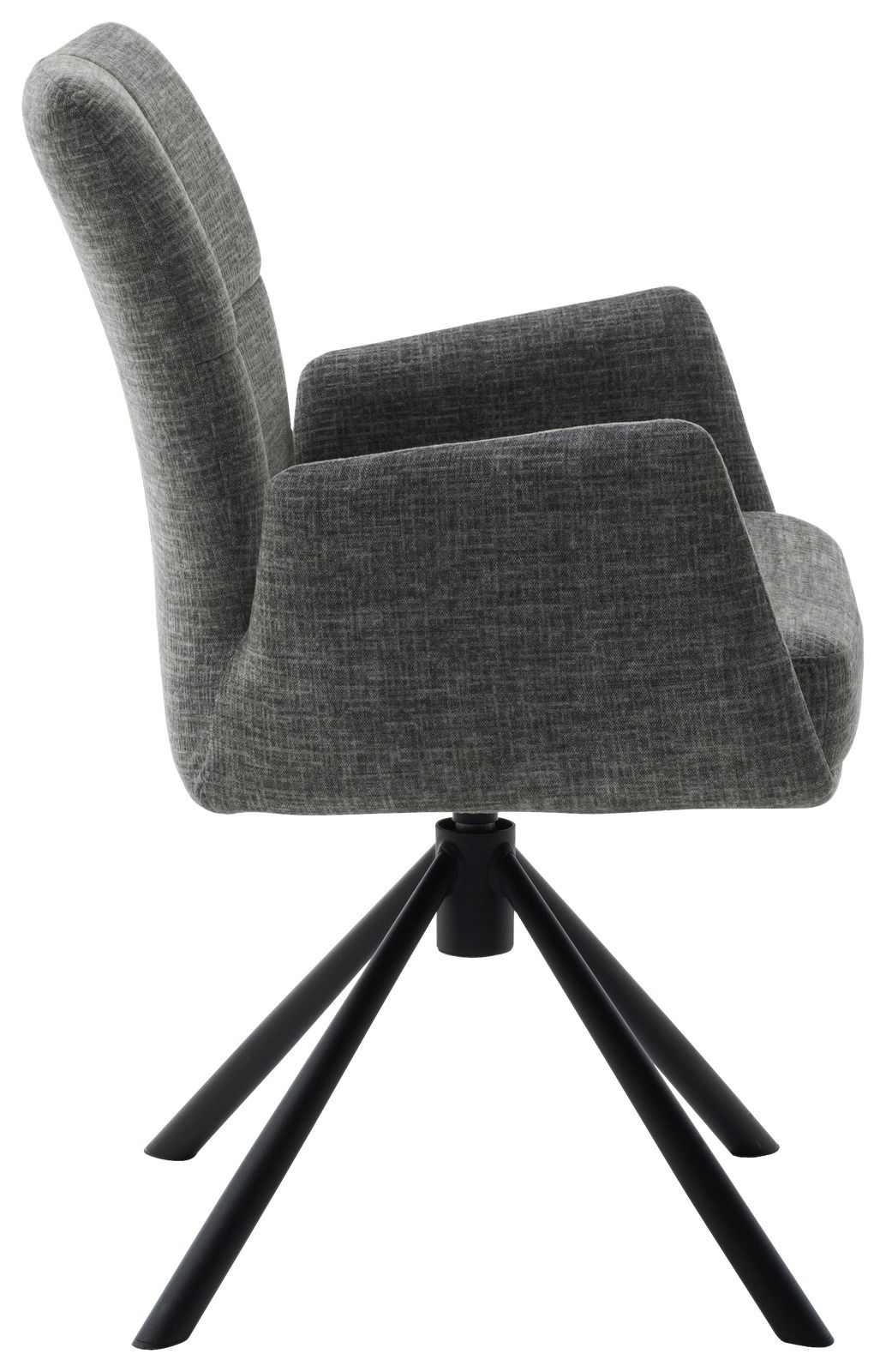 Grauer Sessel mit Stoffbezug und schwarzem Metallgestell, Seitenansicht
