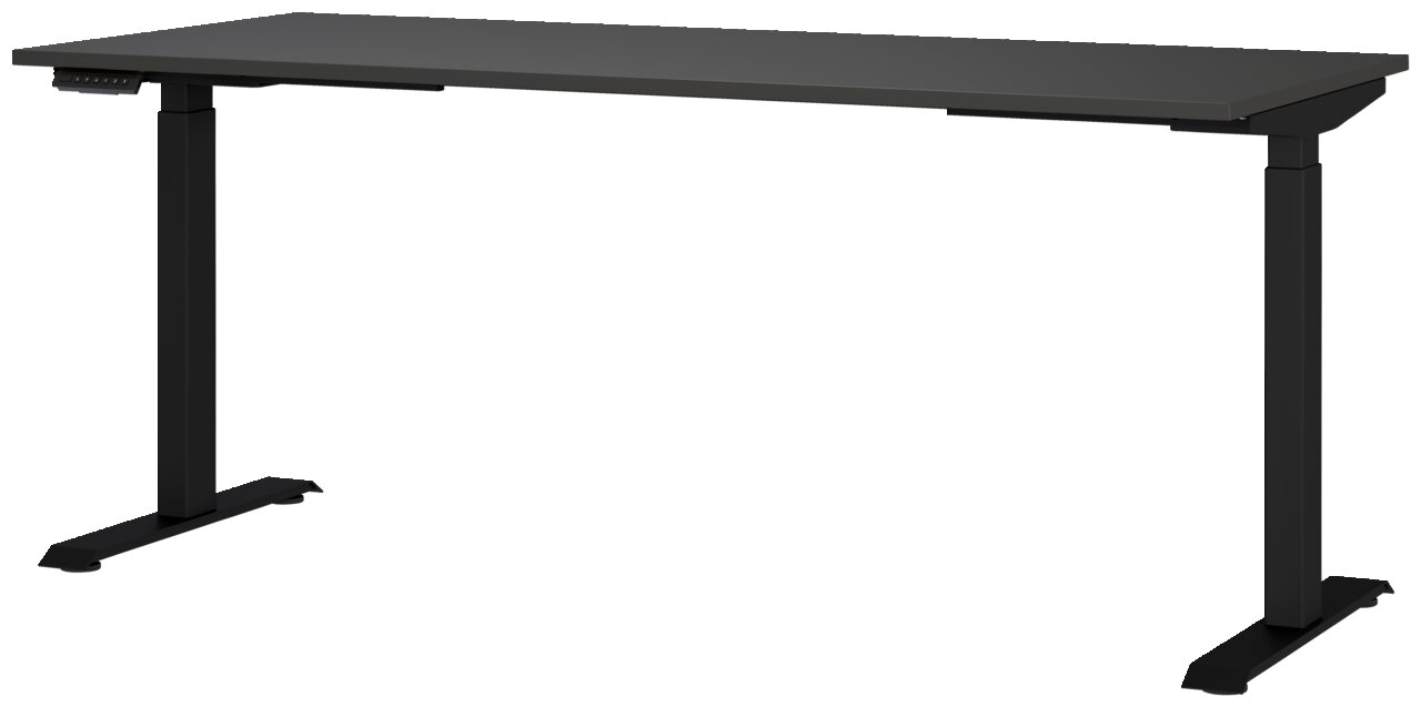 Moderner E-Schreibtisch in Schwarz, seitliche Perspektive, höhenverstellbar mit stabilen Metallbeinen.