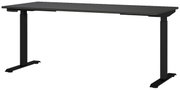 Moderner E-Schreibtisch in Schwarz, seitliche Perspektive, höhenverstellbar mit stabilen Metallbeinen.