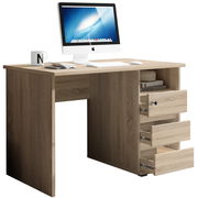 Moderner Schreibtisch aus Holz mit drei offenen Schubladen, einem Computerbildschirm und einer Tasse auf der linken Seite, seitliche Perspektive.