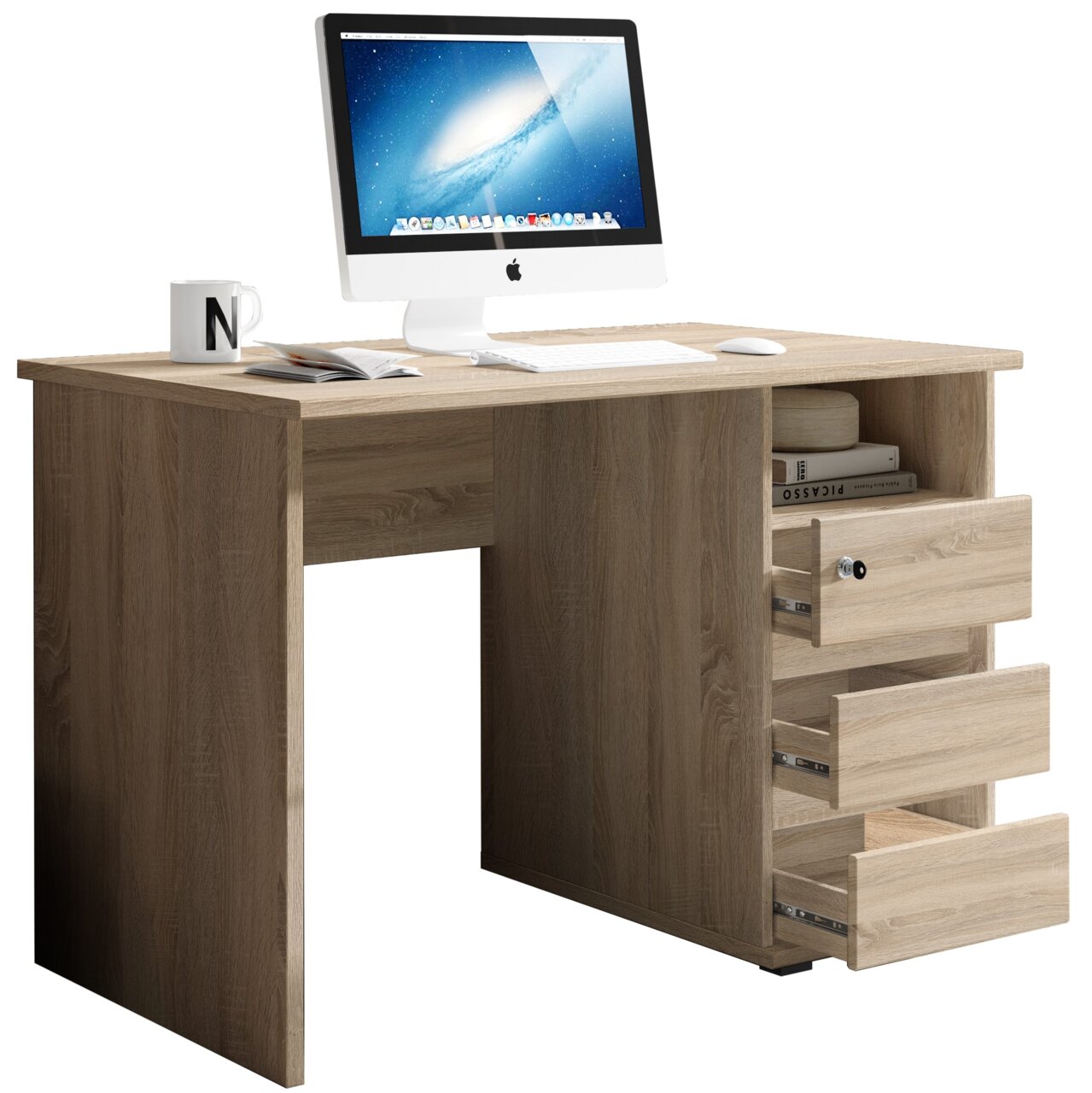 Moderner Schreibtisch aus Holz mit drei offenen Schubladen, einem Computerbildschirm und einer Tasse auf der linken Seite, seitliche Perspektive.