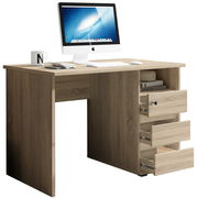 Moderner Schreibtisch aus Holz mit drei offenen Schubladen, einem Computerbildschirm und einer Tasse auf der linken Seite, seitliche Perspektive.